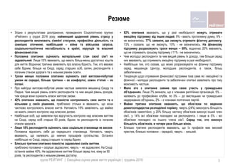 • Згідно з результатами дослідження, проведеного Соціологічною групою
«Рейтинг» у грудні 2016 року, найменший щоденний рівень стресу у
респондентів викликають сімейні стосунки, професійна діяльність та
зовнішнє оточення, найбільший – війна та військова загроза,
соціально-політична нестабільність в країні, корупція та власний
фінансовий стан.
• Половина опитаних оцінюють матеріальний стан своєї сім’ї як
задовільний. Лише 15% вважають, що мають більш-менш достатньо коштів
для життя. Водночас третина заявляють про власну бідність. Тих, хто вважає
себе бідним, більше на Сході, серед старших осіб, селян, респондентів з
поганим станом здоров’я та з низьким рівнем освіти.
• Трохи менше половини опитаних оцінюють свої житлово-побутові
умови як середні, більше третини – як комфортні, кожен пятий  як
погані.
• Про найгірші житлово-побутові умови частіше заявляли мешканці Сходу та
Півдня. Чим вищий рівень освіти респондентів та чим вищий рівень доходів,
тим краще вони оцінюють власні житлові умови.
• 42% опитаних вважають, що повністю контролюють своє життя та є
вільними у своїх рішеннях, приблизно стільки ж вважають, що вони
частково контролюють власне життя. Натомість 19% заявляють, що майже
не мають ніякого контролю над власною долею.
• Найбільше осіб, що заявляли про відсутність контролю над власним життям
на Сході, серед осіб старше 50 років, бідних та респондентів із поганим
станом здоров’я.
• Лише 18% респондентів оцінюють своє соціальне становище як високе.
Половина відносить себе до середнього становища. Натомість чверть
вважають, що належать до нижчих прошарків суспільства. Останніх
найбільше на Сході, серед старших та серед бідних.
• Близько третини опитаних повністю задоволені своїм життям,
приблизно половина – скоріше задоволені, чверть  не задоволені. На Сході
останніх майже 40%. Не задоволених життям більше серед тих, кому за 50
років, та респондентів з низьким рівнем достатку.
• 82% опитаних вважають, що у разі необхідності можуть отримати
емоційну підтримку від інших людей, 9% - мають протилежну думку, 9% -
не визначились. 77% заявили, що зможуть отримати фізичну допомогу,
13% - сказали, що не зможуть, 10% - не визначились. На фінансову
підтримку розраховують трохи менше – 69%, водночас 20% вважають,
що не отримають грошову підтримку і 11% - не визначились.
• Чим молодші респонденти та чим вищий рівень їх доходу, тим більше серед
них вважають, що отримають емоційну підтримку в разі необхідності.
• Найбільше тих, хто сказав, що може розраховувати на фізичну підтримку
серед мешканців Центру, молодших респондентів, а також, більш
забезпечених.
• Тенденція щодо отримання фінансової підтримки така сама як і емоційної та
фізичної - молодші респонденти та забезпечені опитані заявляють про таку
можливість частіше.
• Мало хто з опитаних заявив про свою участь у громадських
обєднаннях. Лише 7% визнали, що є членами релігійних організацій, 5% 
належать до професійних клубів, по 3%  до мистецьких чи громадських
недержавних обєднань, 2%  є членами політичних партій.
• Майже третина опитаних вважають, що обов’язки по веденню
домогосподарства розподілені порівну, чверть (24%) виконують більшість
обов’язків самостійно, у 20% більшу частину обов’язків виконує інший член
сім’ї, у 14% всі обов’язки покладені на респондента, і лише в 5% - всі
обов’язки покладені на іншого члена сім’ї. Серед тих, хто виконує
більшість обов’язків, в чотири рази більше жінок.
• Близько третини респондентів вважають, що їх професія має високий
престиж, близько половини – середній, чверть  низький.
група РЕЙТИНГ | Емоційна оцінка умов життя українців | грудень 2016 3
Резюме
 