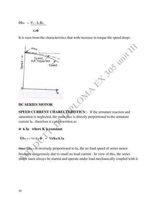 10
ωm = Vt – Ia Ra
KaΦ
It is seen from the characteristics that with increase in torque the speed drops.
DC SERIES MOTOR
SPEED CURRENT CHARECTERISTICS::- If the armature reaction and
saturation is neglected, the main flux is directly proportional to the armature
current Ia , therefore it can be written as
Φ K Ia where K is constant
ωm o = Vt/ Ka Φ = Vt/Ka K Ia
Since ωm o is inversely proportional to Ia, the no load speed of series motor
becomes dangerously due to small no load current . In view of this, the series
motor must always be started and operate under load mechanically coupled with it.
 