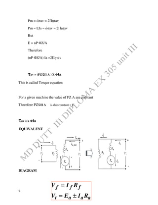 5
Pm = ώτav = 2Пņτav
Pm = EIa = ώτav = 2Пņτav
But
E = nP ΦZ/A
Therefore
(nP ΦZ/A) Ia =2Пņτav
τav = (PZ/2П A ) X ΦIa
This is called Torque equation
For a given machine the value of PZ A are constant
Therefore PZ/2П A is also constant = k
τav = k ΦIa
EQUIVALENT
DIAGRAM
aaat
fff
RIEV
RIV
±±±±====
====
 