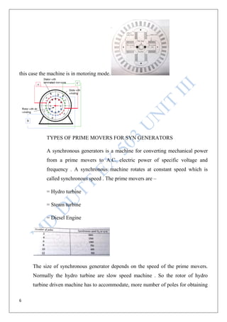 6
this case the machine is in motoring mode.
TYPES OF PRIME MOVERS FOR SYN GENERATORS
A synchronous generators is a machine for converting mechanical power
from a prime movers to A.C. electric power of specific voltage and
frequency . A synchronous machine rotates at constant speed which is
called synchronous speed . The prime movers are –
= Hydro turbine
= Steam turbine
= Diesel Engine
The size of synchronous generator depends on the speed of the prime movers.
Normally the hydro turbine are slow speed machine . So the rotor of hydro
turbine driven machine has to accommodate, more number of poles for obtaining
 