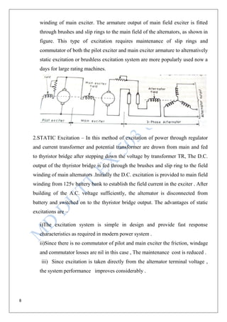 8
winding of main exciter. The armature output of main field exciter is fitted
through brushes and slip rings to the main field of the alternators, as shown in
figure. This type of excitation requires maintenance of slip rings and
commutator of both the pilot exciter and main exciter armature to alternatively
static excitation or brushless excitation system are more popularly used now a
days for large rating machines.
2.STATIC Excitation – In this method of excitation of power through regulator
and current transformer and potential transformer are drown from main and fed
to thyristor bridge after stepping down the voltage by transformer TR, The D.C.
output of the thyristor bridge is fed through the brushes and slip ring to the field
winding of main alternators .Initially the D.C. excitation is provided to main field
winding from 125v battery bank to establish the field current in the exciter . After
building of the A.C. voltage sufficiently, the alternator is disconnected from
battery and switched on to the thyristor bridge output. The advantages of static
excitations are –
i)The excitation system is simple in design and provide fast response
characteristics as required in modern power system .
ii)Since there is no commutator of pilot and main exciter the friction, windage
and commutator losses are nil in this case , The maintenance cost is reduced .
iii) Since excitation is taken directly from the alternator terminal voltage ,
the system performance improves considerably .
 