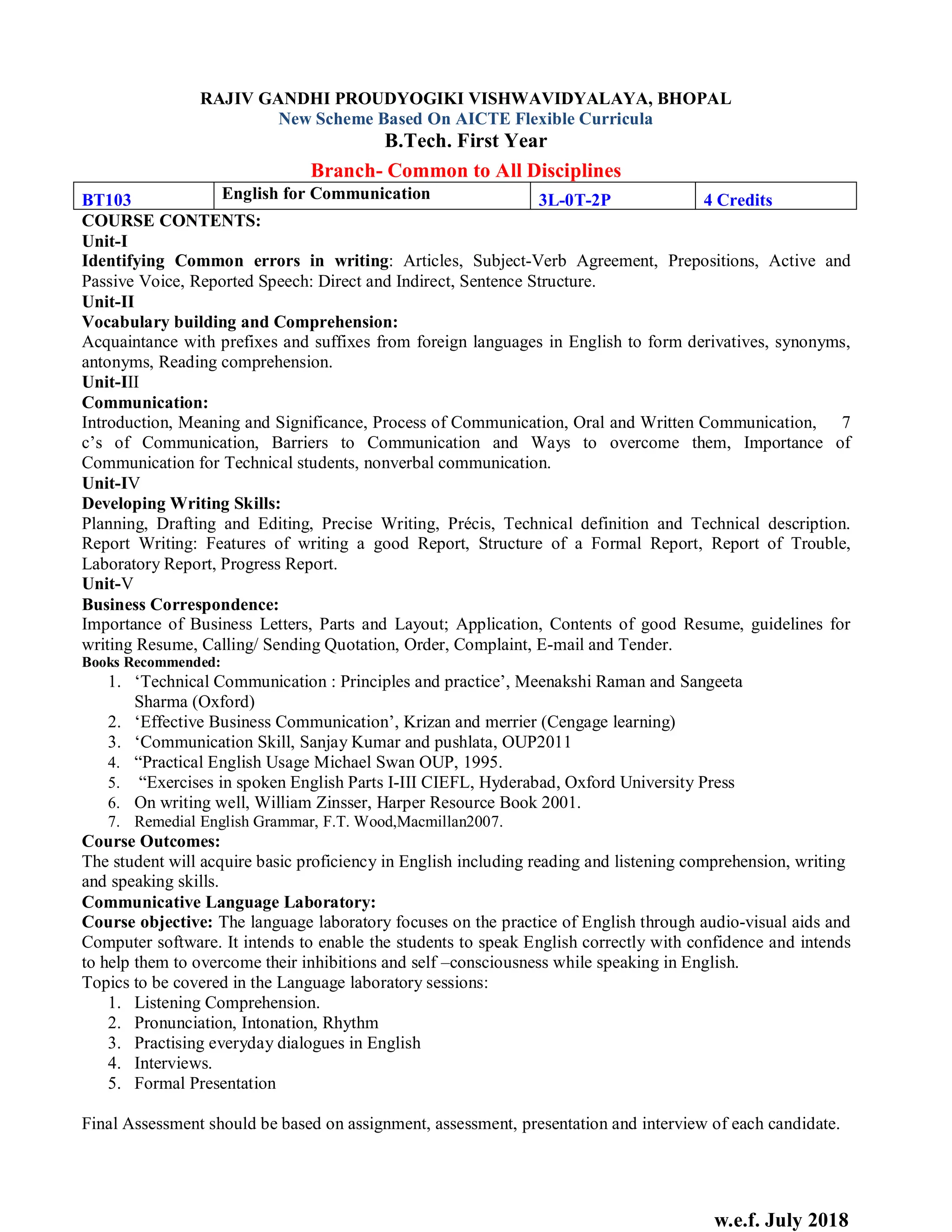 w.e.f. July 2018
RAJIV GANDHI PROUDYOGIKI VISHWAVIDYALAYA, BHOPAL
New Scheme Based On AICTE Flexible Curricula
B.Tech. First Year
Branch- Common to All Disciplines
BT103 English for Communication 3L-0T-2P 4 Credits
COURSE CONTENTS:
Unit-I
Identifying Common errors in writing: Articles, Subject-Verb Agreement, Prepositions, Active and
Passive Voice, Reported Speech: Direct and Indirect, Sentence Structure.
Unit-II
Vocabulary building and Comprehension:
Acquaintance with prefixes and suffixes from foreign languages in English to form derivatives, synonyms,
antonyms, Reading comprehension.
Unit-III
Communication:
Introduction, Meaning and Significance, Process of Communication, Oral and Written Communication, 7
c’s of Communication, Barriers to Communication and Ways to overcome them, Importance of
Communication for Technical students, nonverbal communication.
Unit-IV
Developing Writing Skills:
Planning, Drafting and Editing, Precise Writing, Précis, Technical definition and Technical description.
Report Writing: Features of writing a good Report, Structure of a Formal Report, Report of Trouble,
Laboratory Report, Progress Report.
Unit-V
Business Correspondence:
Importance of Business Letters, Parts and Layout; Application, Contents of good Resume, guidelines for
writing Resume, Calling/ Sending Quotation, Order, Complaint, E-mail and Tender.
Books Recommended:
1. ‘Technical Communication : Principles and practice’, Meenakshi Raman and Sangeeta
Sharma (Oxford)
2. ‘Effective Business Communication’, Krizan and merrier (Cengage learning)
3. ‘Communication Skill, Sanjay Kumar and pushlata, OUP2011
4. “Practical English Usage Michael Swan OUP, 1995.
5. “Exercises in spoken English Parts I-III CIEFL, Hyderabad, Oxford University Press
6. On writing well, William Zinsser, Harper Resource Book 2001.
7. Remedial English Grammar, F.T. Wood,Macmillan2007.
Course Outcomes:
The student will acquire basic proficiency in English including reading and listening comprehension, writing
and speaking skills.
Communicative Language Laboratory:
Course objective: The language laboratory focuses on the practice of English through audio-visual aids and
Computer software. It intends to enable the students to speak English correctly with confidence and intends
to help them to overcome their inhibitions and self –consciousness while speaking in English.
Topics to be covered in the Language laboratory sessions:
1. Listening Comprehension.
2. Pronunciation, Intonation, Rhythm
3. Practising everyday dialogues in English
4. Interviews.
5. Formal Presentation
Final Assessment should be based on assignment, assessment, presentation and interview of each candidate.
 