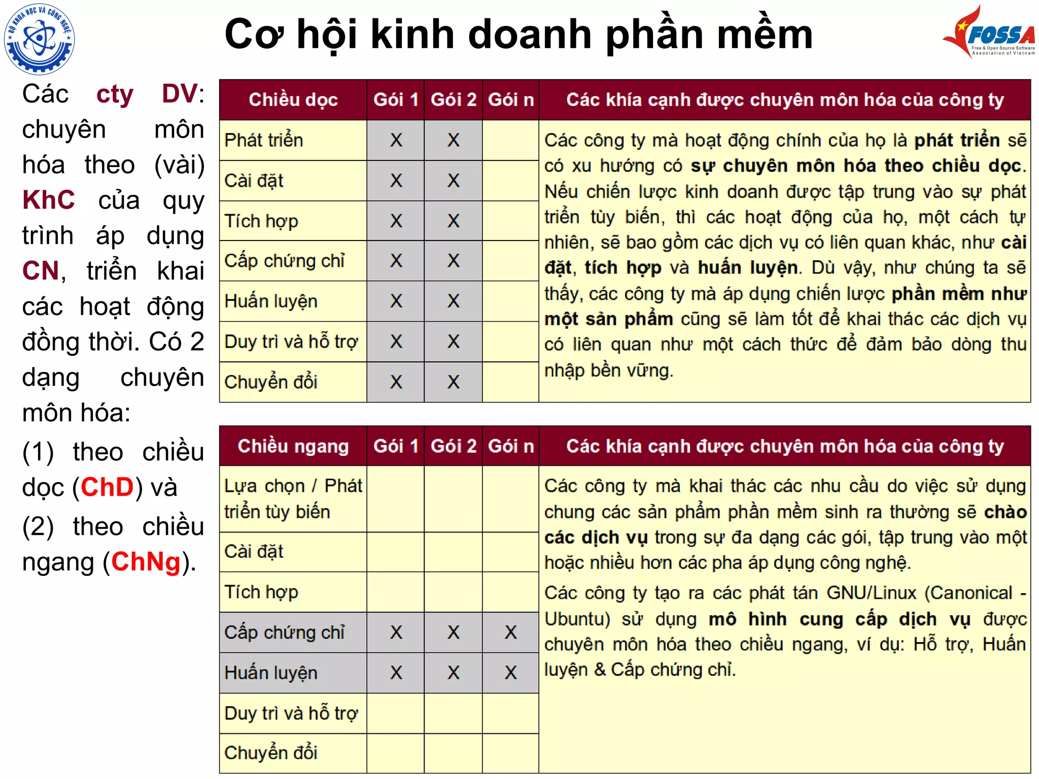 Cơ hội kinh doanh phần mềm
Các cty DV:
chuyên môn
hóa theo (vài)
KhC của quy
trình áp dụng
CN, triển khai
các hoạt động
đồng thời. Có 2
dạng chuyên
môn hóa:
(1) theo chiều
dọc (ChD) và
(2) theo chiều
ngang (ChNg).
 