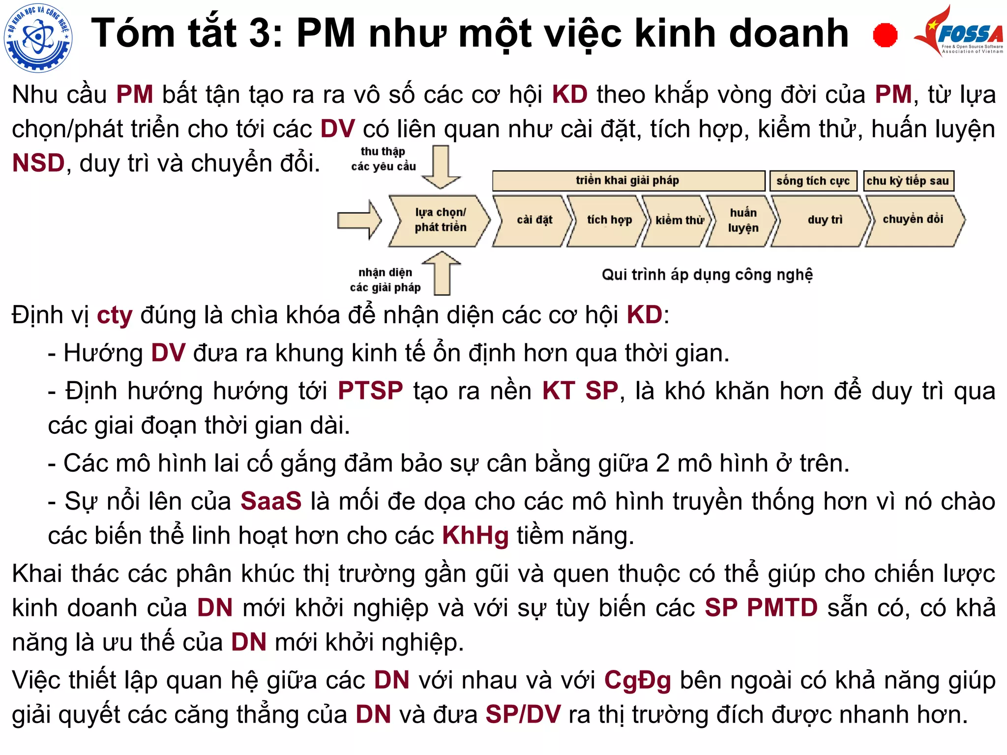 Tóm tắt 3: PM như một việc kinh doanh
Nhu cầu PM bất tận tạo ra ra vô số các cơ hội KD theo khắp vòng đời của PM, từ lựa
chọn/phát triển cho tới các DV có liên quan như cài đặt, tích hợp, kiểm thử, huấn luyện
NSD, duy trì và chuyển đổi.
Định vị cty đúng là chìa khóa để nhận diện các cơ hội KD:
- Hướng DV đưa ra khung kinh tế ổn định hơn qua thời gian.
- Định hướng hướng tới PTSP tạo ra nền KT SP, là khó khăn hơn để duy trì qua
các giai đoạn thời gian dài.
- Các mô hình lai cố gắng đảm bảo sự cân bằng giữa 2 mô hình ở trên.
- Sự nổi lên của SaaS là mối đe dọa cho các mô hình truyền thống hơn vì nó chào
các biến thể linh hoạt hơn cho các KhHg tiềm năng.
Khai thác các phân khúc thị trường gần gũi và quen thuộc có thể giúp cho chiến lược
kinh doanh của DN mới khởi nghiệp và với sự tùy biến các SP PMTD sẵn có, có khả
năng là ưu thế của DN mới khởi nghiệp.
Việc thiết lập quan hệ giữa các DN với nhau và với CgĐg bên ngoài có khả năng giúp
giải quyết các căng thẳng của DN và đưa SP/DV ra thị trường đích được nhanh hơn.
 