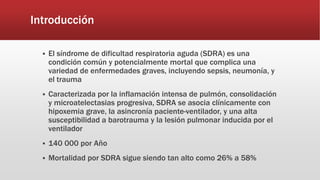 Introducción
 El síndrome de dificultad respiratoria aguda (SDRA) es una
condición común y potencialmente mortal que complica una
variedad de enfermedades graves, incluyendo sepsis, neumonía, y
el trauma
 Caracterizada por la inflamación intensa de pulmón, consolidación
y microatelectasias progresiva, SDRA se asocia clínicamente con
hipoxemia grave, la asincronía paciente-ventilador, y una alta
susceptibilidad a barotrauma y la lesión pulmonar inducida por el
ventilador
 140 000 por Año
 Mortalidad por SDRA sigue siendo tan alto como 26% a 58%
 