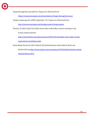 65
Target through the years.(2013). Target.com. Retrieved from
https://corporate.target.com/about/history/Target-through-the-years
Target’s unique guests. (2006, September 11). Target.com. Retrieved from
http://pressroom.target.com/backgrounders/target-guests
Thomas, B. (2012, April 16). Dollar stores take on Wal-Mart, and are starting to win.
Forbes. Retrieved from
http://www.forbes.com/sites/investor/2012/04/16/dollar-stores-take-on-wal-
mart-and-are-starting-to-win/
Zacks Equity Research. (2013, March 18). Retail industry stock outlook. Zachs.com.
Retrieved from http://www.zacks.com/commentary/26346/Retail-Industry-Stock-
Outlook-March-2013
 