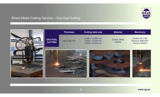 www.rgr.ee
10
Sheet Metal Cutting Service – Plasma Cutting
PLASMA
CUTTING
Thickness Cutting table size Material Machinery
...