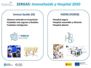 Innova Saúde (IS)
•Sistema centrado en el paciente
•Cuidados más seguros y flexibles
•Cuidados inteligentes
H2050 (H2050)
•Hospital seguro
•Hospital sostenible y eficiente
•Hospital abierto
SERGAS: InnovaSaúde y Hospital 2050
 