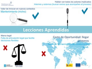 Lecciones Aprendidas
Coste de Oportunidad: llegar
primeros
No tener herramientas de colaboración
ágiles
Valor de Innovar en nuevos contextos
Mantenimiento (nicho)
Hablar con todos los actores implicados
Internos y externos (buscar socios que acompañen el proceso)
Marco legal
Falta de articulación legal que facilite
decisiones flexibles
 