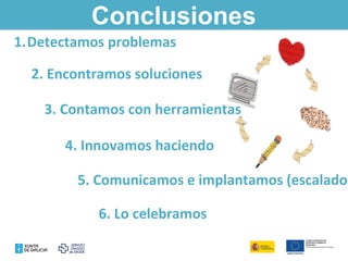 1.Detectamos problemas
2. Encontramos soluciones
3. Contamos con herramientas
4. Innovamos haciendo
5. Comunicamos e implantamos (escalado)
6. Lo celebramos
Conclusiones
 