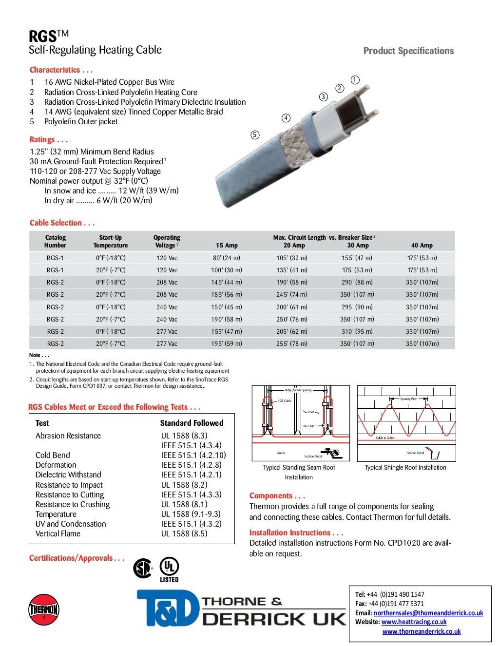Thermon RGS Heat Tracing Cable Spec Sheet