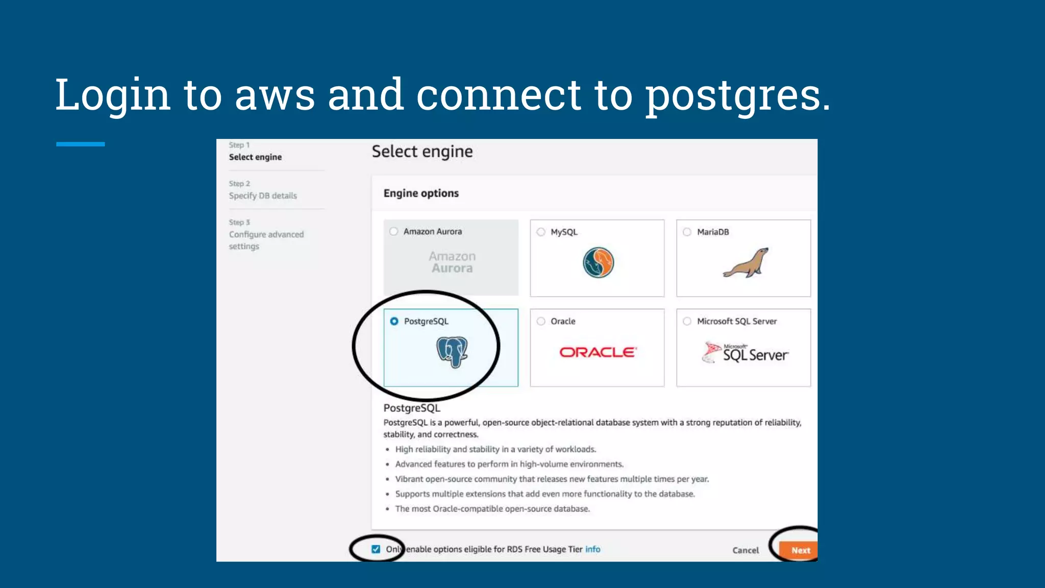 Login to aws and connect to postgres.
 