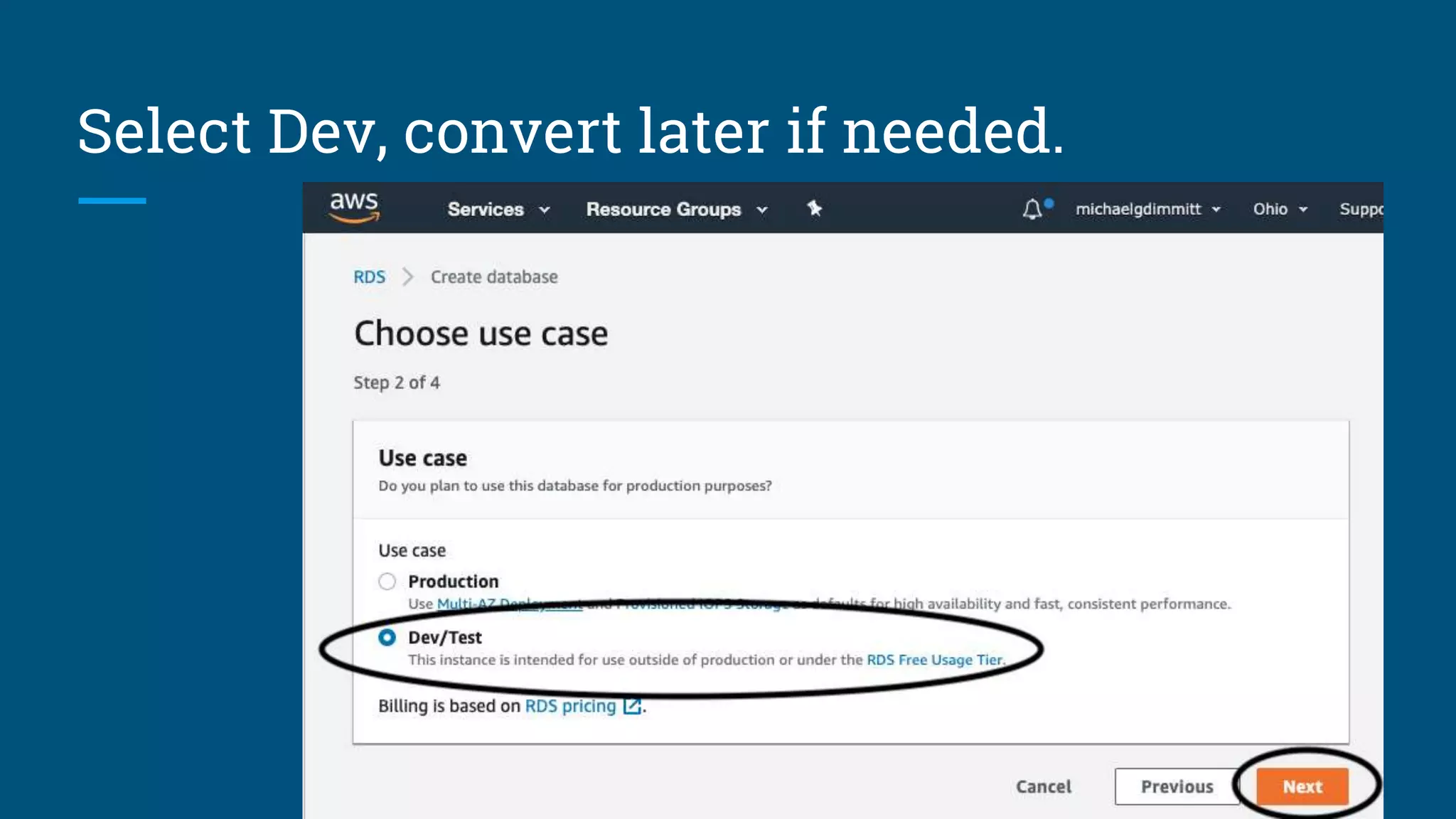 Select Dev, convert later if needed.
 