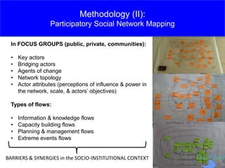Methodology (II):
Participatory Social Network Mapping
In FOCUS GROUPS (public, private, communities):
• Key actors
• Bridging actors
• Agents of change
• Network topology
• Actor attributes (perceptions of influence & power in
the network, scale, & actors’ objectives)
Types of flows:
• Information & knowledge flows
• Capacity building flows
• Planning & management flows
• Extreme events flows
BARRIERS & SYNERGIES in the SOCIO-INSTITUTIONAL CONTEXT
 