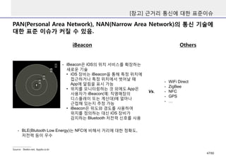 PAN(Personal Area Network), NAN(Narrow Area Network)의 통신 기술에
대한 표준 이슈가 커질 수 있음.
[참고] 근거리 통신에 대한 표준이슈
Source : Beekn.net, Apple.co.kr
- iBeacon은 iOS의 위치 서비스를 확장하는
새로운 기술
• iOS 장비는 iBeacon을 통해 특정 위치에
접근하거나 특정 위치에서 벗어날 때
App에 알림을 표시 가능
• 위치를 모니터링하는 것 외에도 App은
사용자가 iBeacon(예: 직명매장의
디스플레이 또는 계산대)에 얼마나
근접해 있는지 추정 가능
• iBeacon은 위도와 경도를 사용하여
위치를 정의하는 대신 iOS 장비가
감지하는 Bluetooth 저전력 신호를 사용
iBeacon
Vs.
- WiFi Direct
- ZigBee
- NFC
- GPS
- …
- BLE(Blutooth Low Energy)는 NFC에 비해서 거리에 대한 정확도,
저전력 등이 우수
Others
47/50
 