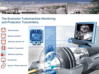 www.rgservice.com.br                        rgservice@rgservice.com.br
                                                TIM +55 18 8123 9609
Machine Monitoring Solution                Fax. Tel +55 18 3908 6674
                                                    skype id: rgservice
                                       Presidente Prudente (SP) - Brasil




The Economic Turbomachine Monitoring
and Protection Transmitters

     Shaft vibration


     Bearing vibration


     Absolute vibration hF


     Position / Expansion


     Absolute expansion


     Eccentricity


     Speed / Phase reference
 