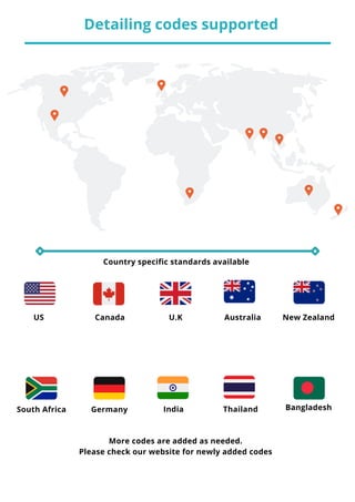 India
Detailing codes supported
U.K New Zealand
South Africa
Australia
Thailand
US Canada
Germany Bangladesh
More codes are added as needed.
Please check our website for newly added codes
Country specific standards available
 