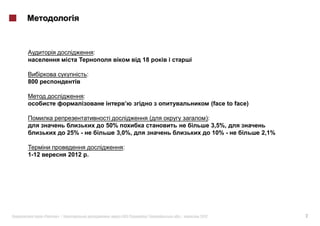 :
                                                  18

                            :
800

                        :
                                                                        (face to face)

                                                       (           ):
                                    50%                                 3,5%,
                25% -                  3,0%,                            10% -            2,1%

                                          :
1-12            2012 .




       «   »|                        :   #163 (    )       .|   2012                            2
 