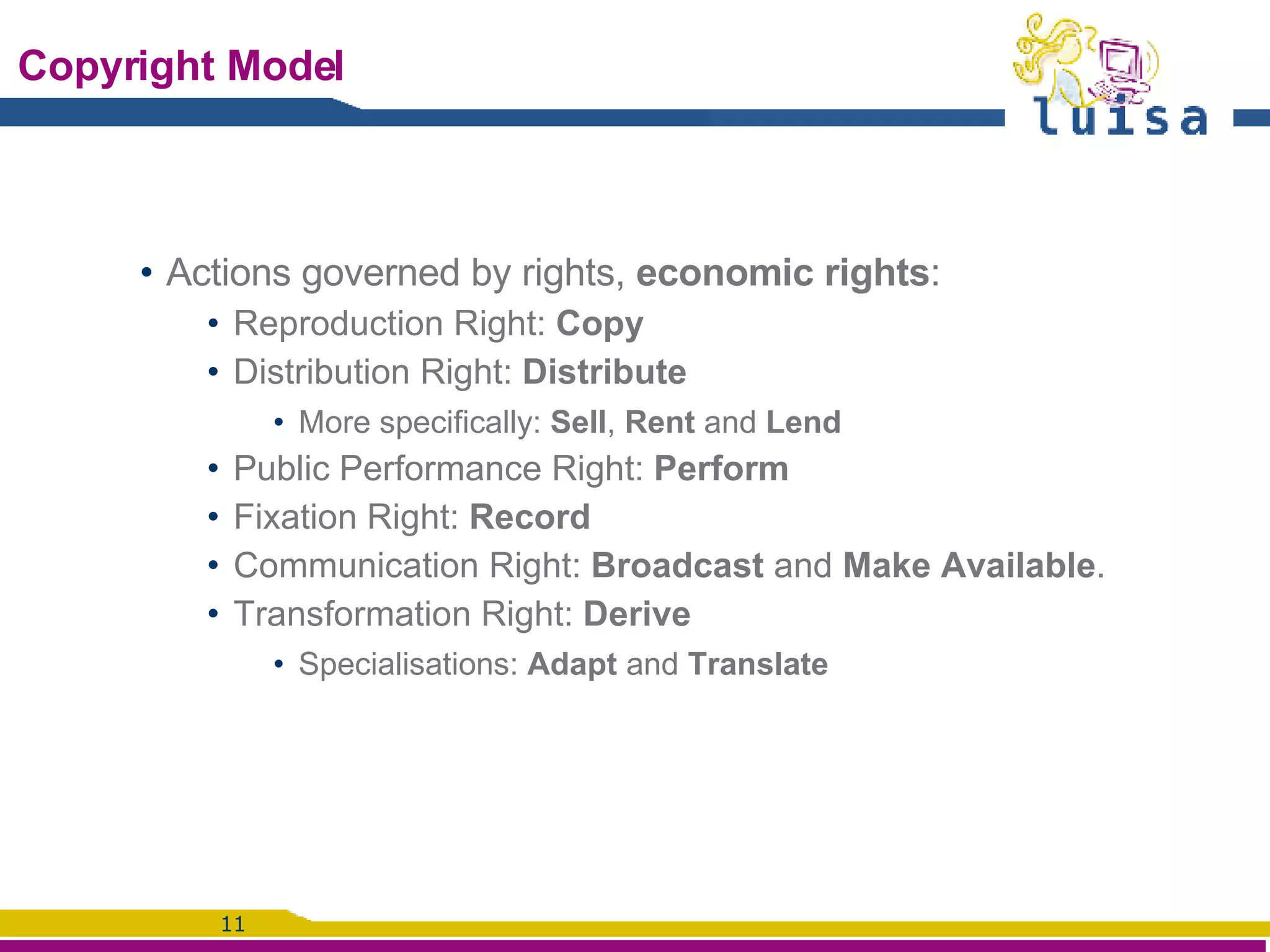 Copyright Model Actions governed by rights,  economic rights :  Reproduction Right:  Copy Distribution Right:  Distribute More specifically:  Sell ,  Rent  and  Lend Public Performance Right:  Perform Fixation Right:  Record Communication Right:  Broadcast  and  Make Available . Transformation Right:  Derive Specialisations:  Adapt  and  Translate 