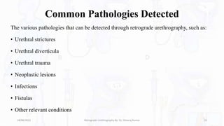 Common Pathologies Detected
The various pathologies that can be detected through retrograde urethrography, such as:
• Urethral strictures
• Urethral diverticula
• Urethral trauma
• Neoplastic lesions
• Infections
• Fistulas
• Other relevant conditions
18/08/2023 Retrograde Urethrography By- Dr. Dheeraj Kumar 23
 