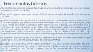 Ferramentas básicas 
Semi-reta: marcando-se dois pontos, traça-se uma semi-reta definida por eles, com origem 
no primeiro ponto escolhido. 
Segmento: marcando-se dois pontos, determinam-se as extremidades do segmento a ser 
traçado. 
Círculo: marcando-se dois pontos A e B, traça-se uma circunferência com centro A e raio 
AB. Vale salientar que embora o nome da ferramenta seja “Círculo”, nas explicações deste 
guia vamos considerar a distinção entre circunferência e círculo. Circunferência será o 
conjunto de todos os pontos de um plano cuja distância a um ponto dado desse plano é 
igual a uma distância (não nula) dada, em que o ponto dado é o centro e a distância 
dada é o raio da circunferência. Já círculo, será o conjunto de pontos de um plano cuja 
distância a um ponto dado desse plano é menor ou igual a uma distância (não nula) dada. 
Compasso: clicando-se em dois pontos, determina-se o raio de uma circunferência que 
pode ser construída em qualquer lugar da janela geométrica. 
Polígono: para construir um polígono preenchido (ou seja, a área delimitada por ele), 
marcam-se, ao menos, três pontos e clica-se, com o botão esquerdo do mouse, no primeiro 
ponto novamente para “fechar” o polígono ou, então, deve-se dar dois cliques no último 
ponto marcado. 
 
