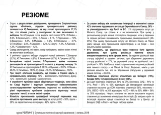 група РЕЙТИНГ | Суспільно-політичні настрої населення | липень 2018 3
• За умови вибору між напрямками інтеграції в економічні союзи
42% опитаних підтримують вступ до Європейського Союзу, 36% –
за рівновіддаленість від Росії та ЄС. 11% підтримують вступ до
Митного Союзу, ще стільки ж – не визначилися. При цьому у
регіональному розрізі можна спостерігати тенденцію, коли у південних
та східних регіонах переважають прихильники рівновіддаленості (40-
45%). При цьому прихильників вступу до Митного Союзу на Півдні
удвічі менша, аніж прихильників євроінтеграції, а на Сході – їхня
кількість майже однакова.
• 61% вважають, що українська мова повинна бути єдиною
державною, при цьому російська повинна вільно
використовуватися у всіх сферах життя. За надання російській мові
статусу офіційної в окремих регіонах, при збереженні державного
статусу української – 17%, за державний статус як української, так і
російської – 19%. Найбільша кількість прихильників надання російській
мові певного статусу – на Півдні та Сході. Водночас, навіть у цих
регіонах кількість тих, хто за збереження статусу-кво у державній
мовній політиці – 40-45%.
• Найбільш позитивно опитані ставляться до Білорусі (74%),
Канади (68%) та Європейського Союзу (68%).
• До США позитивно ставляться 58% та 27% негативно, СНД – 44% та
31%, Росії – 35% та 52% відповідно. До міжнародних організацій
ставлення наступне: до ООН позитивно ставляться 58%, негативно –
20%, ОБСЄ – 50% та 26% відповідно, НАТО – 49% та 30%, МВФ – 39%
та 35% відповідно. Чверть опитаних не змогли висловити жодного
ставлення до зазначених міжнародних інституцій. До західних країн та
інституцій відносно краще ставляться на Заході та у Центрі, до
Білорусі, СНД та Росії – на Півдні та Сході країни.
• Згідно з результатами дослідження, проведеного Соціологічною
групою «Рейтинг», лідером президентського рейтингу
залишається Ю.Тимошенко, за яку готові проголосувати 17,1%
тих, хто візьме участь у голосуванні та вже визначився із
вибором. За А.Гриценка готові віддати свої голоси 9,7%, Ю.Бойка –
8,9%, В.Зеленського – 8,5%, О.Ляшка – 8,1%, П.Порошенка – 7,8%,
С.Вакарчука,– 6,6%, Є.Мураєва – 4,2%, В.Рабіновича – 3,7%,
О.Тягнибока – 2,6%, А.Садового – 2,2%, С.Таруту – 1,5%, А.Яценюка –
1,3%. Р.Безсмертного – 1,2%.
• Серед респондентів, які мають намір голосувати, майже кожен п’ятий
не визначився з вибором.
• У рейтингу «другого вибору» лідерські позиції займають С.Вакарчук
(5,3%), Ю.Тимошенко (4,9%). В.Зеленський (4,7%), А.Гриценко (4,7%).
• Антирейтинг надалі очолює П.Порошенко: майже половина
респондентів не проголосували б за нього у жодному випадку. За
Ю.Тимошенко не проголосували б 28,5%, А.Яценюка – 26,9%, О.Ляшка –
26,2%, О.Тягнибока – 18,9%, Ю.Бойка – 16,1%, В.Рабіновича – 15,6%.
• Три чверті опитаних вважають, що справи в Україні йдуть у
неправильному напрямку, 13% – висловлюють протилежну думку,
12% – вагаються з оцінками у цьому питанні.
• У сприйнятті проблем надалі зберігається тенденція, коли війна
на Сході України і корупція залишається найважливішими
загальнодержавними проблемами, водночас на особистісному
рівні переважають проблеми соціального характеру: низькі
зарплати і пенсії, а також високі тарифи.
• Кількість прихильників прозахідної інтеграції переважає над
кількістю противників цього вектору: за вступ до ЄС – 50%, проти –
28%; за євроатлантичну інтеграцію – 42%, проти – 35%.
РЕЗЮМЕ
 