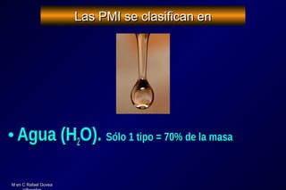 M en C Rafael GoveaM en C Rafael Govea
Las PMI se clasifican enLas PMI se clasifican en
• Agua (HAgua (H22O).O). Sólo 1 tipo = 70% de la masaSólo 1 tipo = 70% de la masa
 