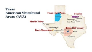 Texas
American Viticultural
Areas (AVA)
Davis Mountains
Mesilla Valley
Texas High Plains Texoma
Texas Hill Country
 