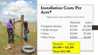 Installation Costs Per
Acre*
Materials Labor
• Irrigation System $4,300
• Trellis System $3,500 $15,000
• Vines $3,600 $1,500
• Deer Fence $2,000 $4,000
Materials Labor
$11,400 + $22,200
Total: $33, 600
$1,500
*Approximate average installation costs in Texas
 