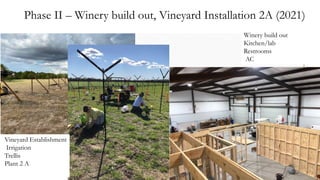 Phase II – Winery build out, Vineyard Installation 2A (2021)
Winery build out
Kitchen/lab
Restrooms
AC
Vineyard Establishment
Irrigation
Trellis
Plant 2 A
 