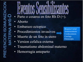 PREVENCION ISOIMUNIZACION MATERNA  anti-D Parto o cesarea en feto Rh D (+). Aborto Embarazo ectopico Procedimientos invasivos Muerte de un feto in utero Version cefalica externa Traumatismo abdominal materno Hemorragia anteparto Eventos Sensibilizantes Biopsia Corial Amniocentesis Cordocentesis Cerclaje Fetoscopia 