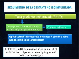 El feto es Rh (D) +, lo cual ocurriría en un 100 % de los casos si el padre es homocigoto y solo el 50% si es heterocigoto Toda paciente embarazada Rh (D) -  En su primer control deben de ser investigadas para anticuerpos Coombs indirecto Repetir Coombs indirecto cada mes hasta el termino o hasta cuando se inicie una sensibilización  