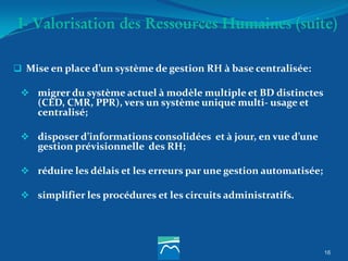 I- Valorisation des Ressources Humaines (suite)
 Mise en place d’un système de gestion RH à base centralisée:
 migrer du système actuel à modèle multiple et BD distinctes
(CED, CMR, PPR), vers un système unique multi- usage et
centralisé;
 disposer d’informations consolidées et à jour, en vue d’une
gestion prévisionnelle des RH;
 réduire les délais et les erreurs par une gestion automatisée;
 simplifier les procédures et les circuits administratifs.
16
 