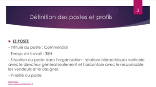 3

Définition des postes et profils



LE POSTE

- Intitulé du poste : Commercial
- Temps de travail : 35H
- Situation du poste dans l’organisation : relations hiérarchiques verticale
avec le directeur général seulement et horizontale avec le responsable,
les vendeurs et le designer.
- Finalité du poste
EPSECONSEIL
agence.epseconseil@outlook.fr

 