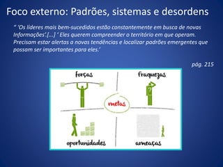 Foco externo: Padrões, sistemas e desordens
“ ‘Os líderes mais bem-sucedidos estão constantemente em busca de novas
Informações’.[...] ‘ Eles querem compreender o território em que operam.
Precisam estar alertas a novas tendências e localizar padrões emergentes que
possam ser importantes para eles.’
pág. 215
 