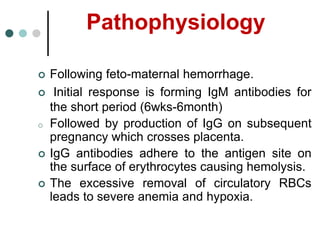 Pathophysiology
 Following feto-maternal hemorrhage.
 Initial response is forming IgM antibodies for
the short period (6wks-6month)
o Followed by production of IgG on subsequent
pregnancy which crosses placenta.
 IgG antibodies adhere to the antigen site on
the surface of erythrocytes causing hemolysis.
 The excessive removal of circulatory RBCs
leads to severe anemia and hypoxia.
 