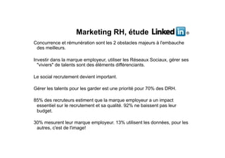 Marketing RH, étude
Concurrence et rémunération sont les 2 obstacles majeurs à l'embauche
des meilleurs.
Investir dans la marque employeur, utiliser les Réseaux Sociaux, gérer ses
"viviers" de talents sont des éléments différenciants.
Le social recrutement devient important.
Gérer les talents pour les garder est une priorité pour 70% des DRH.
85% des recruteurs estiment que la marque employeur a un impact
essentiel sur le recrutement et sa qualité. 92% ne baissent pas leur
budget.
30% mesurent leur marque employeur. 13% utilisent les données, pour les
autres, c'est de l'image!
 