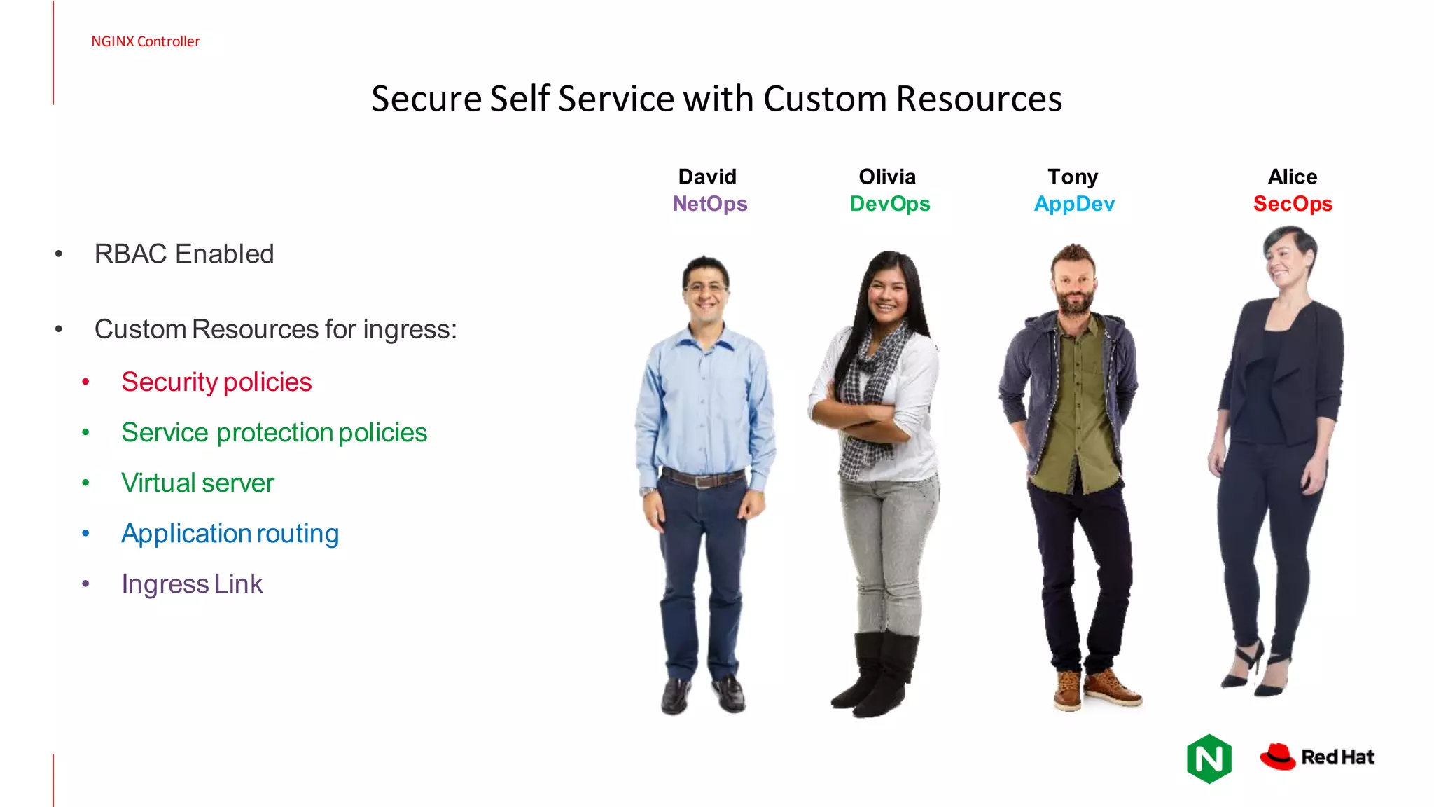 • RBAC Enabled • Custom Resources for ingress: • Security policies • Service protection policies • Virtual server • Application routing • Ingress Link David NetOps Olivia DevOps Tony AppDev Alice SecOps NGINX Controller Secure Self Service with Custom Resources 