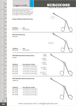 12 cm (4 ¾”)
Catalog #
RH-19-178
Size
Waston-Williams Ethmoid Forcep
12 cm (4 ¾”)
Catalog #
RH-19-179
Size
Weil Ethmoid Forcep
With Neck
12 cm (4 ¾”), 3.0 mm, Fig. 1
12 cm (4 ¾”), 3.5 mm, Fig. 2
12 cm (4 ¾”), 4.5 mm, Fig. 3
12 cm (4 ¾”), 5.0 mm, Fig. 4
12 cm (4 ¾”), 5.5 mm, Fig. 5
Catalog # Size, Bite Size, Profile
Weil-Blakesley Nasal Cutting Forcep
Straight
INCHES
1
2
3
4
5
6
7
8
9
10
250
240
230
220
210
200
190
180
170
160
150
140
130
120
110
100
90
80
70
60
50
40
30
20
10
MILLIMETERS
260
270
12 cm (4 ¾”), 3.0 mm, Fig. 1
12 cm (4 ¾”), 3.5 mm, Fig. 2
12 cm (4 ¾”), 4.5 mm, Fig. 3
12 cm (4 ¾”), 5.0 mm, Fig. 4
Catalog #
RH-19-185
RH-19-186
RH-19-187
RH-19-188
Size, Bite Size, Profile
Weil-Blakesley Nasal Cutting Forcep
Angled 45°
898
Nasal Cutting Forceps, Ethmoid Bone Forceps
Scharfe Nasenzangen, Siebbeinzangen
Pinzas nasales cortantes, Pinzas para etmoides
Pinces nasales coupantes, Pinces éthmoïdales
Pinze taglienti per il naso, Pinze etmoidali
RH-19-180
RH-19-181
RH-19-182
RH-19-183
RH-19-184
RH-19-180
RH-19-181
RH-19-182
RH-19-183
RH-19-184
www.surgicose.com // zaki@surgicose.com
 