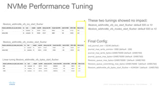 • These two tunings showed no impact:
filestore_wbthrottle_xfs_ios_start_flusher: default 500 vs 10
filestore_wbthrottle_xfs_inodes_start_flusher: default 500 vs 10
• Final Config:
osd_journal_size = 10240 (default :
journal_max_write_entries= 1000 (default : 100)
journal_max_write_bytes=1048576000 (default :10485760)
journal_queue_max_bytes=1048576000 (default :10485760)
filestore_queue_max_bytes=1048576000 （(default :10485760)
filestore_queue_committing_max_bytes=1048576000 （(default :10485760)
filestore_wbthrottle_xfs_bytes_start_flusher = 4194304 （(default :10485760)
NVMe Performance Tuning
Linear tuning filestore_wbthrottle_xfs_bytes_start_flusher:
filestore_wbthrottle_xfs_inodes_start_flusher
filestore_wbthrottle_xfs_ios_start_flusher
 