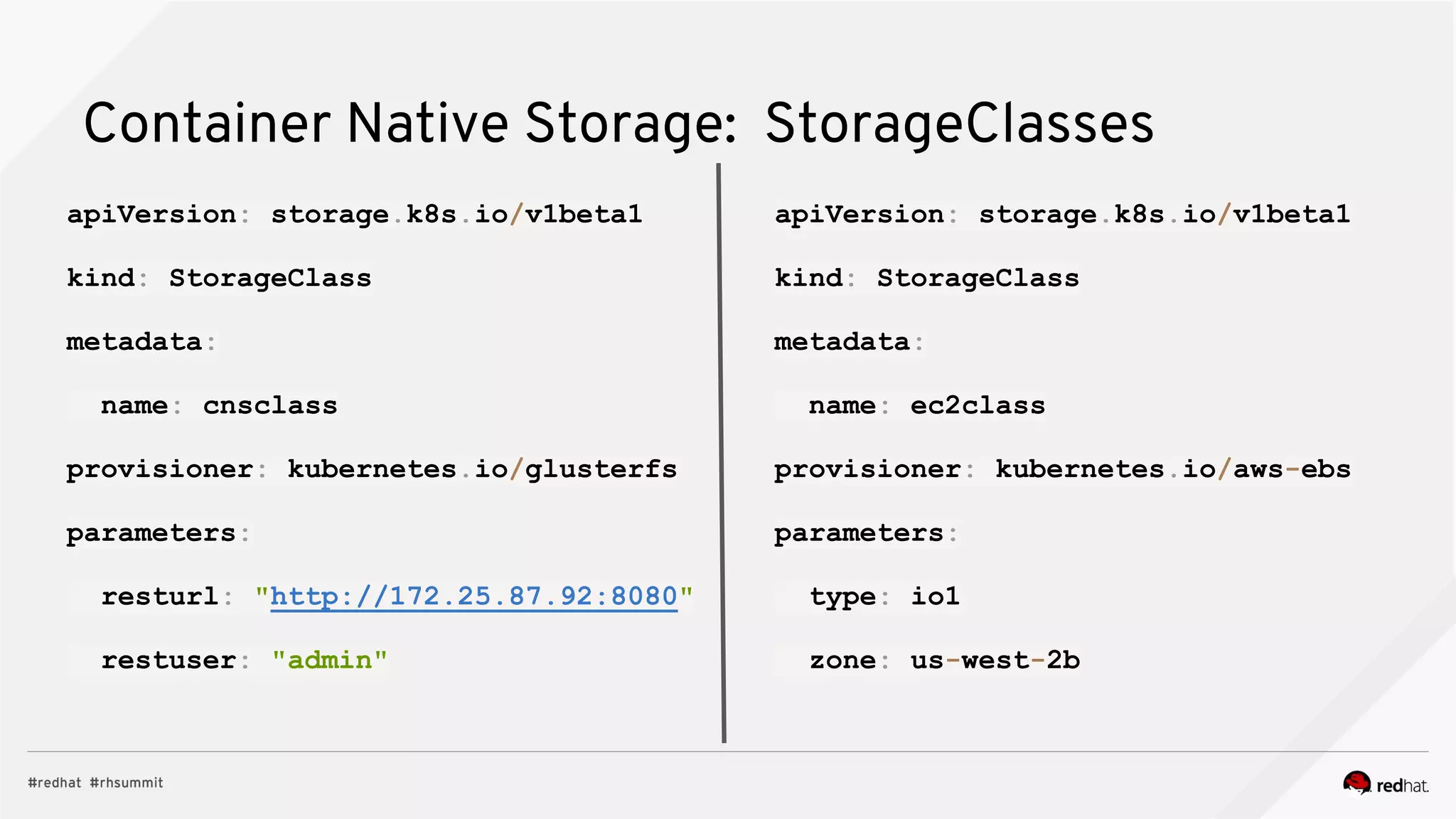 Container Native Storage: StorageClasses
apiVersion: storage.k8s.io/v1beta1
kind: StorageClass
metadata:
name: cnsclass
provisioner: kubernetes.io/glusterfs
parameters:
resturl: "http://172.25.87.92:8080"
restuser: "admin"
apiVersion: storage.k8s.io/v1beta1
kind: StorageClass
metadata:
name: ec2class
provisioner: kubernetes.io/aws-ebs
parameters:
type: io1
zone: us-west-2b
 