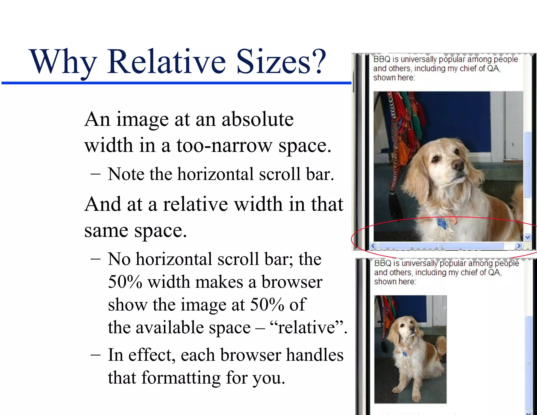 Why Relative Sizes?
   An image at an absolute
   width in a too-narrow space.
   – Note the horizontal scroll bar.
   And at a relative width in that
   same space.
   – No horizontal scroll bar; the
     50% width makes a browser
     show the image at 50% of
     the available space – “relative”.
   – In effect, each browser handles
     that formatting for you.
 
