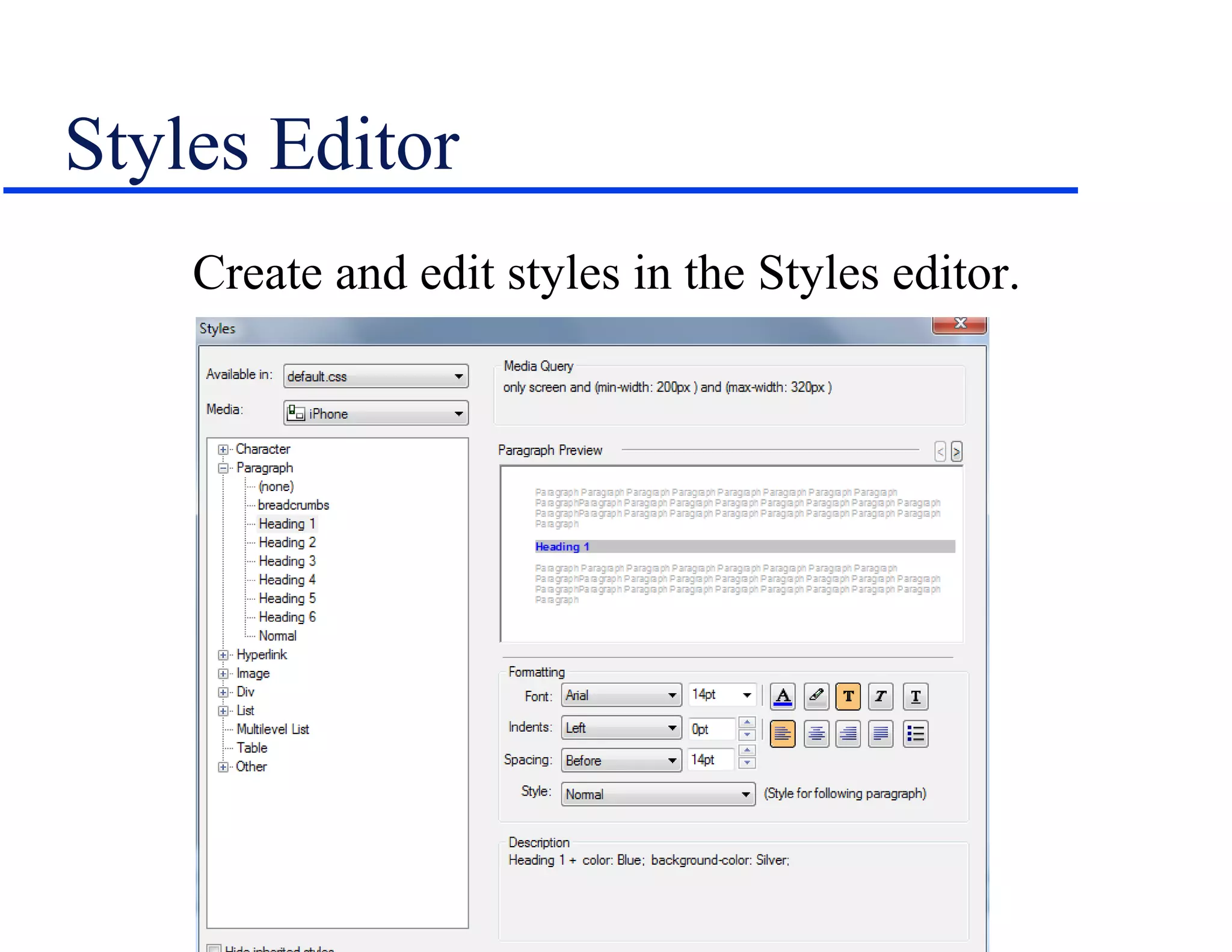 Styles Editor
    Create and edit styles in the Styles editor.
 