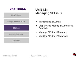 DAY THREE                  Unit 12:
                                       Managing SELinux
              LDAP Users


        Groups and File ACLs            ●    Introducing SELinux
                                        ●    Display and Modify SELinux File
                 SELinux                     Contexts
                                        ●
                                             Manage SELinux Booleans
           Manage Software
                                        ●    Monitor SELinux Violations
                 Services




RH135-RHEL6-en-2-20110131      Copyright © 2011 Red Hat, Inc.
 