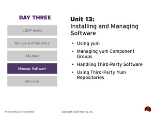DAY THREE                  Unit 13:
                                       Installing and Managing
              LDAP Users
                                       Software
        Groups and File ACLs            ●    Using yum
                                        ●    Managing yum Component
                 SELinux                     Groups
                                        ●
                                             Handling Third-Party Software
           Manage Software
                                        ●    Using Third-Party Yum
                                             Repositories
                 Services




RH135-RHEL6-en-2-20110131      Copyright © 2011 Red Hat, Inc.
 