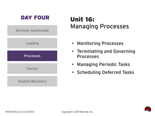 DAY FOUR                   Unit 16:
                                        Managing Processes
         Services (continued)


                 Logging                 ●    Monitoring Processes
                                         ●    Terminating and Governing
                Processes                     Processes
                                         ●
                                              Managing Periodic Tasks
                  Kernel
                                         ●    Scheduling Deferred Tasks
           System Recovery




RH135-RHEL6-en-2-20110131       Copyright © 2011 Red Hat, Inc.
 
