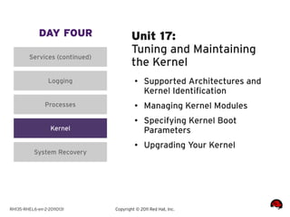 DAY FOUR                   Unit 17:
                                        Tuning and Maintaining
         Services (continued)
                                        the Kernel
                 Logging                 ●    Supported Architectures and
                                              Kernel Identification
                Processes                ●
                                              Managing Kernel Modules
                                         ●
                                              Specifying Kernel Boot
                  Kernel                      Parameters
                                         ●    Upgrading Your Kernel
           System Recovery




RH135-RHEL6-en-2-20110131       Copyright © 2011 Red Hat, Inc.
 