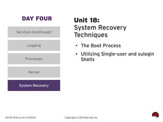 DAY FOUR                   Unit 18:
                                        System Recovery
         Services (continued)
                                        Techniques
                 Logging                 ●    The Boot Process
                                         ●    Utilizing Single-user and sulogin
                Processes                     Shells

                  Kernel


           System Recovery




RH135-RHEL6-en-2-20110131       Copyright © 2011 Red Hat, Inc.
 