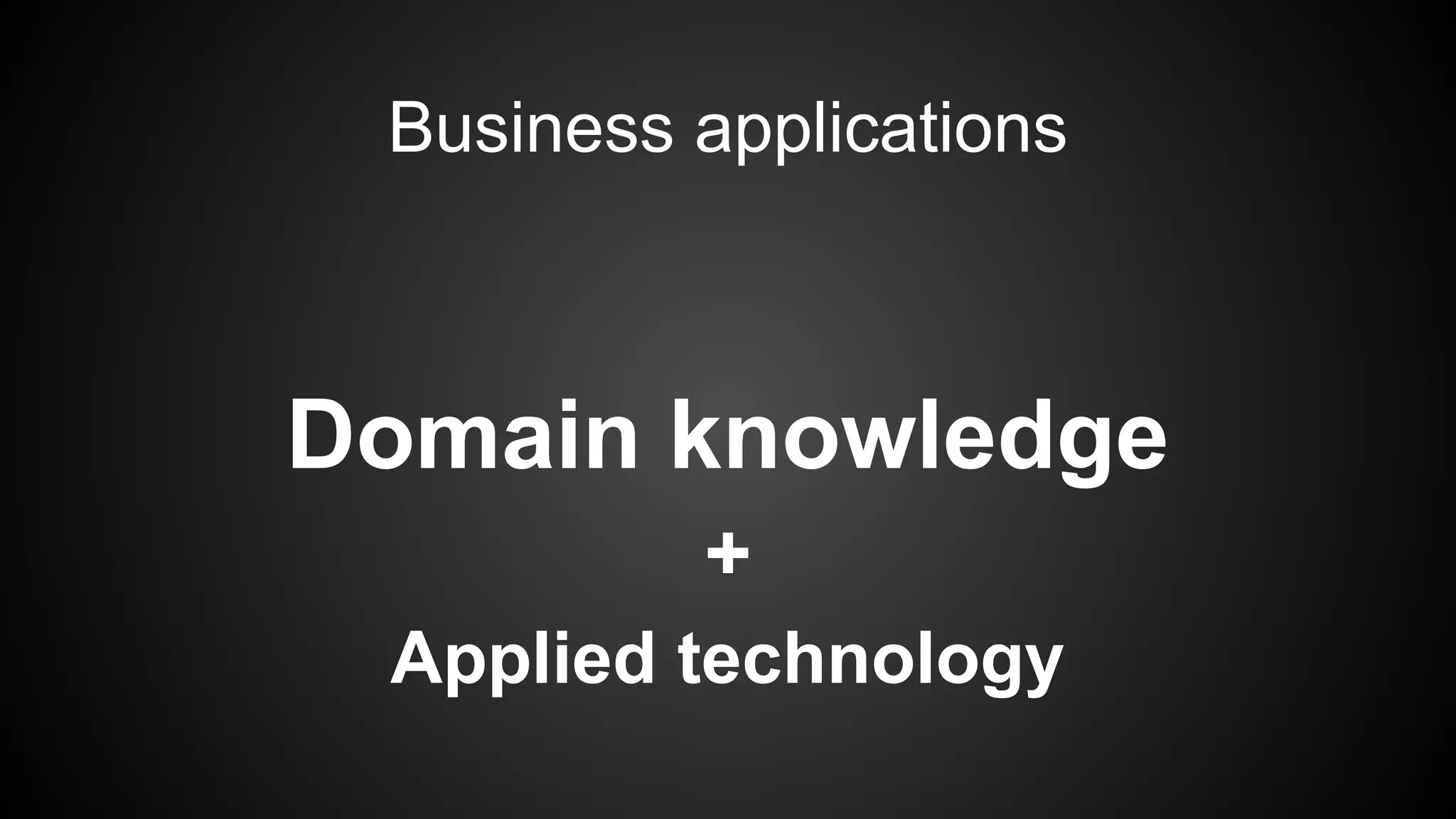 Business applications
Domain knowledge
+
Applied technology
 
