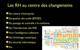 Les RH au centre des changements
De culture d’entreprise
De gestion des outils (BYOD)
Du passage du contrôle à la confiance
De l’introduction des RSE
Vers l’intelligence collective
De l’archivage numérique
De sécurité informatique
Etc.
 
